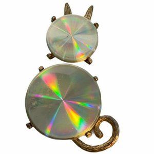 Jewelarama Signed 1961 Holographic Refraction Cat Brooch Pin Gold Tone Vintage